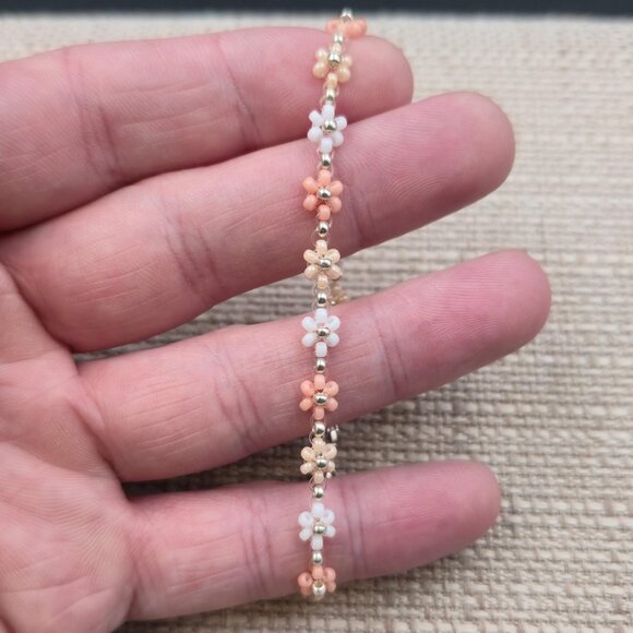 7 Inch Sterling Silver Small Bead Flowers Handmade Bracelet A6774 - Picture 2 of 7